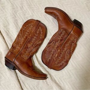 OLD WEST WOMENS COWBOY BOOTS 6.5 BROWN ANTIQUE LEATHER SNIP TOE FANCY STITCHING